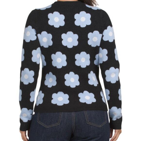 Cynthia Rowley Doubleknit Floral Crew Neck Sweater Black Blue Large - Picture 4 of 5